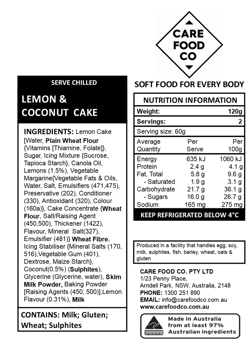 Lemon and Coconut Cake 1kg IDDSI Level 4 Pureed
