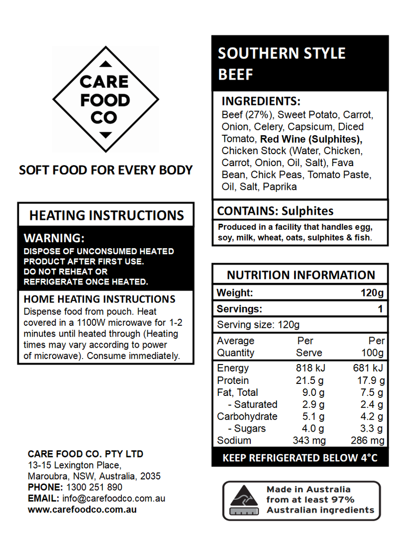 Southern Style Beef 120g IDDSI Level 6 Soft and Bite sized